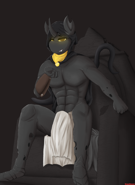 Size: 2480x3386 | Tagged: safe, artist:drawalaverr, derpibooru import, oc, oc:flavis, unofficial characters only, anthro, changeling, anthro oc, bracelet, changeling oc, cloak, clothes, commission, fangs, hood, image, jewelry, loincloth, looking at you, male, muscles, muscular male, png, simple background, sitting, solo, tentacles, throne, yellow changeling, yellow eyes