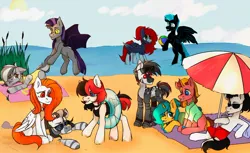 Size: 1280x781 | Tagged: safe, artist:хлебушек, derpibooru import, oc, oc:canada, oc:drew dru, oc:funerius, oc:kanter, oc:mondensor day, oc:stinger, oc:wry bell, bat pony, earth pony, pegasus, pony, unicorn, bat pony oc, bat wings, beach, beach ball, beach towel, beach umbrella, cloud, drinking straw, earth pony oc, hoof hold, horn, image, inner tube, jpeg, pegasus oc, pool toy, sand, sky, sun, sunglasses, towel, umbrella, unicorn oc, walking on water, water, wings