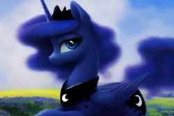 Size: 1920x1280 | Tagged: safe, derpibooru import, editor:dovakkins, machine learning generated, stable diffusion, princess luna, alicorn, pony, beautiful, crown, derpibooru exclusive, ethereal mane, ethereal tail, female, field, galaxy mane, image, jewelry, looking at you, mare, peytral, png, regalia, smiling, smiling at you, solo, tail