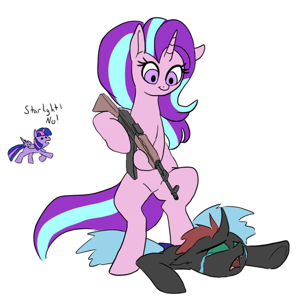 Size: 900x900 | Tagged: semi-grimdark, artist:slamjam, derpibooru import, starlight glimmer, twilight sparkle, twilight sparkle (alicorn), alicorn, changeling, pony, unicorn, ak-47, assault rifle, bipedal, crying, gun, image, jpeg, rifle, weapon