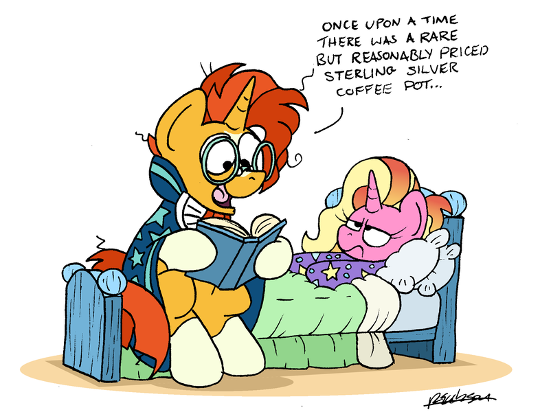 Size: 2060x1572 | Tagged: safe, artist:bobthedalek, derpibooru import, luster dawn, sunburst, pony, unicorn, bed, bedtime story, book, father and child, father and daughter, female, footed sleeper, image, luster dawn is not amused, male, offspring, parent:starlight glimmer, parent:sunburst, parents:starburst, png, unamused