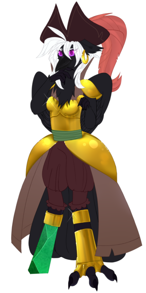 Size: 2500x5000 | Tagged: safe, artist:medkit, derpibooru import, captain celaeno, oc, oc:shade the raven, unofficial characters only, anthro, bird, raven (bird), derpibooru community collaboration, my little pony: the movie, 2023 community collab, anthro oc, armor, augmented, clothes, coin, cosplay, costume, ear piercing, earring, eyeshadow, feather, feather tail, female, folded wings, gold, happy, hat, high res, image, jewelry, looking at you, makeup, metal, ornithian, paint tool sai 2, pants, piercing, pirate, pirate hat, png, simple background, sketch, smiling, solo, standing, transparent background, wings