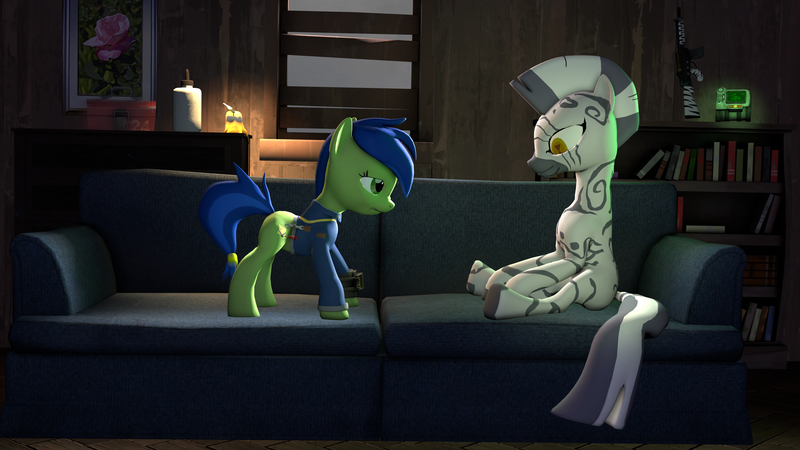 Size: 3840x2160 | Tagged: safe, derpibooru import, oc, oc:pythia, oc:scotch tape, unofficial characters only, earth pony, pony, zebra, fallout equestria, fallout equestria: homelands, fallout equestria: project horizons, 3d, bookshelf, couch, duo, fanfic art, female, females only, image, oc x oc, pipbuck, png, shipping, source filmmaker, window, zebra rifle