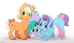 Size: 1200x690 | Tagged: safe, artist:higgly-chan, derpibooru import, earth pony, pegasus, pony, unicorn, cute, female, g5, glory (g5), image, looking at you, mare, open mouth, open smile, peach fizz, pippsqueak trio, png, seashell (g5), smiling, smiling at you, trio, trio female