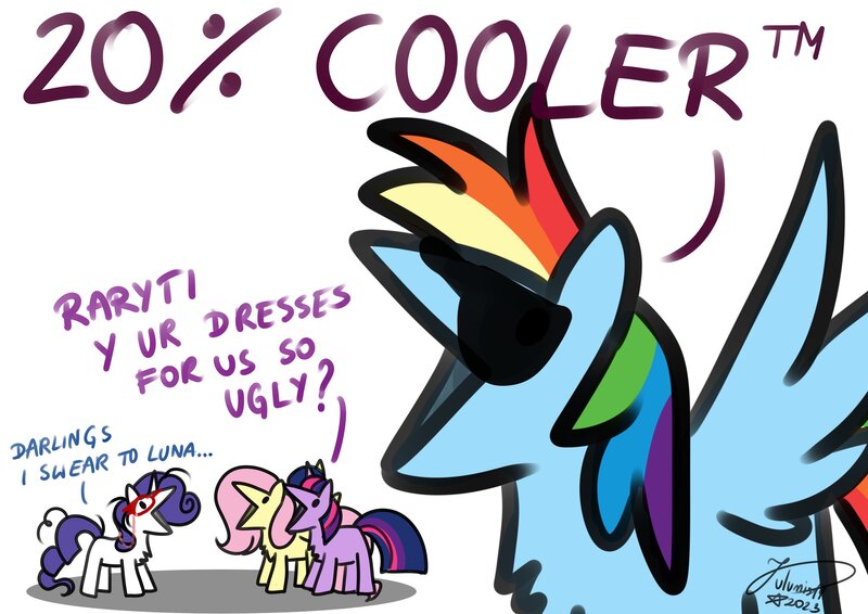 Size: 4093x2894 | Tagged: safe, artist:julunis14, derpibooru import, fluttershy, rainbow dash, rarity, twilight sparkle, pegasus, pony, unicorn, series:my little honses, suited for success, 20% cooler, :v, chest fluff, complaining, darling, dialogue, digital art, female, frazzled hair, glasses, high res, image, implied princess luna, jpeg, mare, misspelling, open mouth, parody, rarity's glasses, scene interpretation, silly, simple background, sunglasses, trademark, unicorn twilight, white background