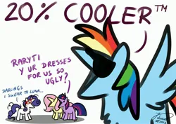 Size: 4093x2894 | Tagged: safe, artist:julunis14, derpibooru import, fluttershy, rainbow dash, rarity, twilight sparkle, pegasus, pony, unicorn, series:my little honses, suited for success, 20% cooler, :v, chest fluff, complaining, darling, dialogue, digital art, female, frazzled hair, glasses, high res, image, implied princess luna, jpeg, mare, misspelling, open mouth, parody, rarity's glasses, scene interpretation, silly, simple background, sunglasses, trademark, unicorn twilight, white background