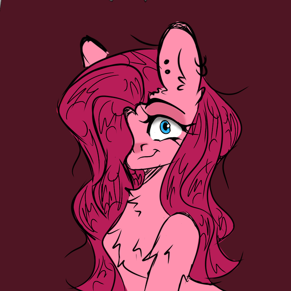 Size: 1280x1280 | Tagged: safe, artist:starkey, derpibooru import, pinkie pie, earth pony, pony, chest fluff, crazy face, digital art, ear fluff, ear piercing, earring, faic, hair over one eye, image, insanity, jewelry, piercing, pinkamena diane pie, png, psycho, slit pupils, smiling, solo