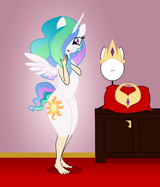 Size: 1777x2073 | Tagged: safe, artist:redpaladin, derpibooru import, princess celestia, alicorn, pony, butt, chest fluff, cutie mark, female, human to pony, image, male to female, mare, mid-transformation, png, rule 63, solo, sunbutt, transformation, transgender transformation