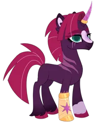 Size: 1026x1305 | Tagged: safe, artist:twilightpriincess, derpibooru import, tempest shadow, pony, amputee, artificial horn, image, png, prosthetic leg, prosthetic limb, prosthetics, scar, simple background, solo, transparent background, twitterina design