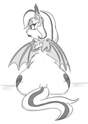 Size: 387x545 | Tagged: safe, artist:jargon scott, derpibooru import, oc, oc:arrhythmia, bat pony, earth pony, pony, bat pony oc, bat wings, black and white, butt, fat, female, grayscale, image, large butt, mare, monochrome, plot, png, rear view, simple background, sitting, solo, the ass was fat, white background, wide hips, wings