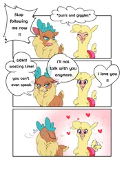Size: 3732x5197 | Tagged: safe, artist:abyssalrabbit, derpibooru import, paprika paca, velvet reindeer, alpaca, deer, reindeer, them's fightin' herds, 3 panel comic, comic, community related, dialogue, duo, duo female, female, floating heart, heart, image, lesbian, looking back, nervous sweat, paprika (tfh), paprika can talk, png, shipping, smiling, speech bubble, tail, tail wag, velverika