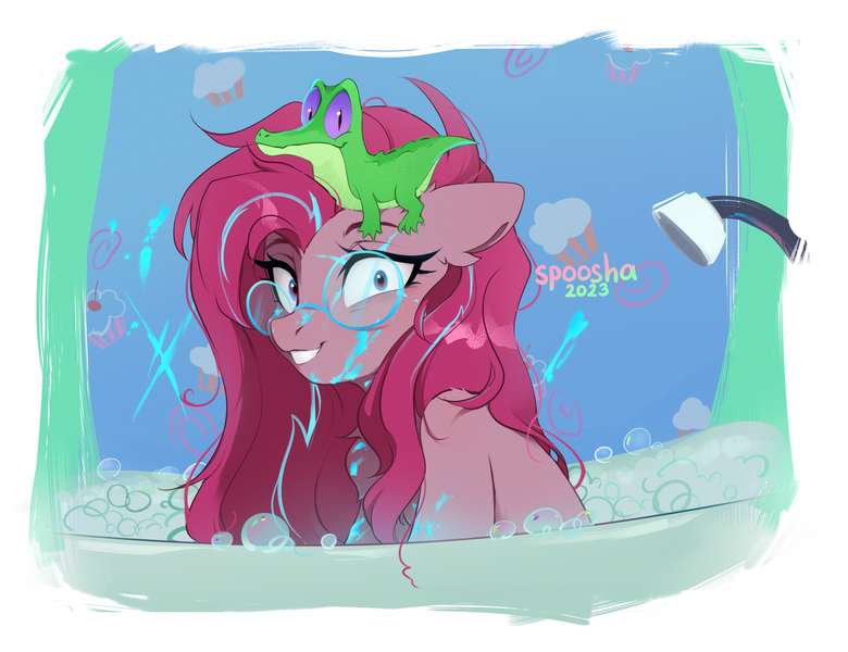 Size: 2400x1846 | Tagged: safe, derpibooru import, gummy, pinkie pie, earth pony, pony, bathroom, bathtub, bubble, glasses, image, looking at you, pinkamena diane pie, png