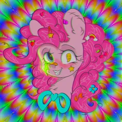Size: 1280x1280 | Tagged: safe, artist:starkey, derpibooru import, cherry berry, pinkie pie, earth pony, smile hd, barrette, bowtie, chest fluff, colorful, ear fluff, flower, flower in hair, food, image, mucus, pinkamena diane pie, png, rainbow, scar, smiling, solo, stars, sticker, strawberry, traditional art
