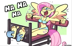 Size: 1280x821 | Tagged: suggestive, artist:yourhardnerdcollectr, derpibooru import, fluttershy, anthro, pegasus, plantigrade anthro, barefoot, bondage, feet, fetish, foot fetish, foot focus, hand, image, jpeg, soles, tickling, toe tied, toes, wiggling toes