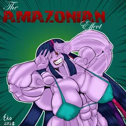 Size: 1392x1392 | Tagged: suggestive, artist:bluecarnationstudios, artist:eko1986, derpibooru import, twilight sparkle, comic:the amazonian effect, equestria girls, abs, biceps, bra, breasts, clothes, erect nipples, fangs, female, flexing, image, muscles, muscular female, overdeveloped muscles, png, red eyes, teeth, twilight muscle, underwear