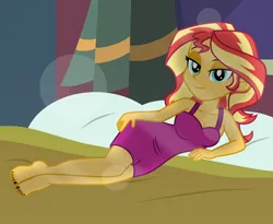 Size: 7032x5760 | Tagged: safe, artist:emeraldblast63, derpibooru import, sunset shimmer, equestria girls, bed, clothes, female, image, looking at you, png, sleeveless, solo