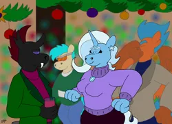Size: 3054x2209 | Tagged: safe, artist:rotgriff, derpibooru import, pharynx, trixie, anthro, gryphon, pony, christmas, female, holiday, image, male, party, phartrix, png, shipping, straight