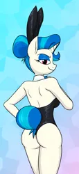 Size: 1151x2521 | Tagged: suggestive, artist:moonatik, derpibooru import, vinyl scratch, anthro, pony, abstract background, blue eyeshadow, bowtie, breasts, bunny ears, bunny suit, butt, clothes, eyeshadow, female, hair bun, hand on hip, image, leotard, makeup, mare, png, smiling, solo, tail, tail bun, vinyl class