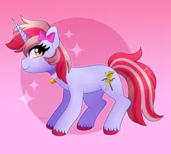 Size: 2330x2096 | Tagged: safe, artist:emera33, derpibooru import, oc, oc:cinnamon, unofficial characters only, pony, unicorn, bell, bell collar, bow, collar, female, gradient background, hair bow, high res, horn, image, looking at you, mare, png, signature, smiling, smiling at you, solo, unicorn oc