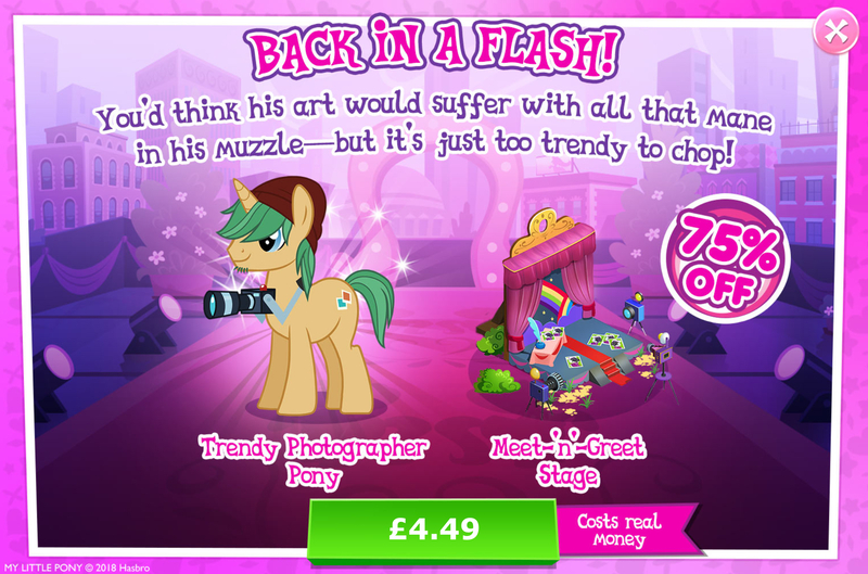 Size: 1963x1297 | Tagged: safe, derpibooru import, official, coloratura, snapshot, pony, unicorn, advertisement, background character, background pony, beanie, bush, camera, costs real money, countess coloratura, curtains, english, facial hair, gameloft, hat, horn, image, jpeg, male, mobile game, my little pony: magic princess, numbers, photo, sale, solo, solo focus, stage, stallion, stubble, text