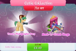 Size: 1264x858 | Tagged: safe, derpibooru import, official, coloratura, snapshot, pony, unicorn, background character, background pony, beanie, bundle, bush, camera, costs real money, countess coloratura, curtains, english, facial hair, gameloft, hat, horn, image, jpeg, male, mobile game, my little pony: magic princess, numbers, photo, sale, solo, solo focus, stage, stallion, stubble, text