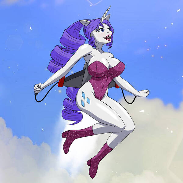 Size: 894x894 | Tagged: suggestive, artist:yisusdraws, derpibooru import, rarity, anthro, unicorn, bare shoulders, breasts, busty rarity, clothes, flying, happy, image, jetpack, jpeg, leotard, open mouth, sky, sky background