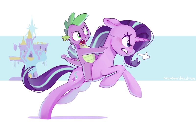Size: 2048x1336 | Tagged: safe, artist:anotherdeadrat, derpibooru import, spike, starlight glimmer, dragon, pony, unicorn, dragons riding ponies, duo, female, image, jpeg, male, mare, riding, running, simple background, snorting, twilight's castle, white background