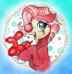 Size: 2014x2048 | Tagged: safe, artist:opalacorn, derpibooru import, oc, unofficial characters only, earth pony, pony, balloon, balloon animal, clown, clown makeup, clown nose, earth pony oc, floppy ears, hoof hold, image, jpeg, open mouth, open smile, red nose, smiling, solo, starry eyes, wingding eyes
