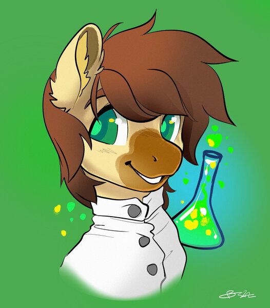 Size: 2333x2660 | Tagged: safe, artist:opalacorn, derpibooru import, oc, oc:calpain, unofficial characters only, earth pony, pony, bust, clothes, ear fluff, green background, grin, image, jpeg, lab coat, male, simple background, smiling, solo, stallion