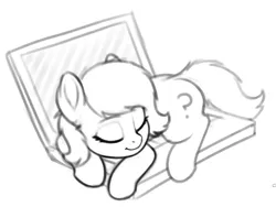 Size: 1014x763 | Tagged: safe, artist:smoldix, oc, oc:anonfilly, pony, behaving like a cat, black and white, computer, cute, eyes closed, female, filly, grayscale, image, laptop computer, monochrome, png, simple background, sleeping, solo, white background