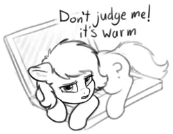 Size: 1096x852 | Tagged: safe, artist:smoldix, oc, oc:anonfilly, pony, behaving like a cat, black and white, computer, cute, female, filly, floppy ears, grayscale, image, laptop computer, looking at you, monochrome, png, simple background, solo, white background