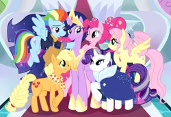 Size: 3210x2196 | Tagged: safe, artist:angelicmissmarie, derpibooru import, applejack, fluttershy, pinkie pie, rainbow dash, rarity, twilight sparkle, twilight sparkle (alicorn), alicorn, earth pony, pony, unicorn, the last problem, applejack's hat, bags under eyes, blushing, clothes, cowboy hat, crossed hooves, crying, dress, female, flying, freckles, g4, granny smith's shawl, hat, horn, image, jacket, jewelry, lidded eyes, looking at each other, looking at someone, looking up, mane six, mare, older, older applejack, older fluttershy, older mane six, older pinkie pie, older rainbow dash, older rarity, older twilight, open mouth, open smile, png, raised hoof, regalia, scarf, smiling, spread wings, starry eyes, tears of joy, teary eyes, wingding eyes, wings