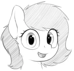 Size: 823x791 | Tagged: safe, artist:smoldix, oc, oc:anonfilly, unofficial characters only, pony, black and white, bust, female, grayscale, image, looking at you, monochrome, open smile, png, simple background, solo, white background