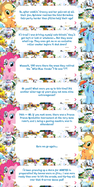 Size: 2048x4067 | Tagged: safe, derpibooru import, official, applejack, pinkie pie, rainbow dash, earth pony, pegasus, pony, applejack's hat, cowboy hat, dialogue, dialogue box, english, event, female, gameloft, hat, image, mare, mobile game, my little pony: magic princess, png, speech bubble, spread wings, text, wings