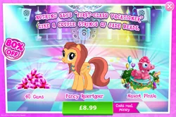 Size: 1961x1301 | Tagged: safe, derpibooru import, official, whirlwind romance, pegasus, pony, advertisement, background character, background pony, balloon, bush, clothes, costs real money, costume, english, female, folded wings, gameloft, gem, image, jewelry, jpeg, las pegasus resident, mare, mobile game, my little pony: magic princess, necklace, numbers, sale, solo, solo focus, text, wings