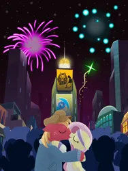 Size: 2880x3840 | Tagged: safe, alternate version, anonymous artist, derpibooru import, big macintosh, fluttershy, rarity, earth pony, pegasus, pony, series:fm holidays, cap, clothes, crowd, eyes closed, female, fireworks, floppy ears, fluttermac, happy new year, happy new year 2023, hat, headband, high res, holding each other, holiday, image, jacket, kiss on the lips, kissing, lineless, male, manehattan, mare, new year, night, png, rarity is a marshmallow, shipping, stallion, straight, sweater, turtleneck