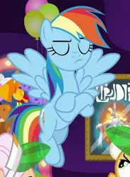 Size: 389x529 | Tagged: safe, derpibooru import, screencap, apple rose, goldie delicious, rainbow dash, earth pony, pegasus, pony, grannies gone wild, cropped, crossed hooves, eyes closed, female, flying, frown, image, jpeg, mare, offscreen character, solo focus, spread wings, trio, wings