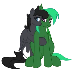 Size: 1400x1400 | Tagged: safe, artist:eklipsethepony, artist:frilanka, derpibooru import, oc, oc:eklipse, oc:poni, unofficial characters only, bat pony, pegasus, pony, derpibooru community collaboration, 2023 community collab, bat pony oc, bat wings, cute, duo, hugging a pony, image, pegasus oc, png, simple background, sitting, transparent background, wings