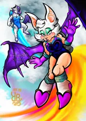 Size: 751x1063 | Tagged: suggestive, artist:yellgal00, derpibooru import, rarity, anthro, bat, unicorn, clothes, flying, image, jetpack, jpeg, leotard, rouge the bat, sky, sky background, sonic the hedgehog (series)