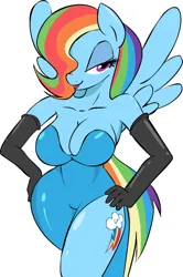 Size: 852x1280 | Tagged: suggestive, artist:zev, derpibooru import, edit, editor:sirsirloin, rainbow dash, anthro, pegasus, bedroom eyes, breasts, busty rainbow dash, cleavage, clothes, curvy, dress, evening gloves, fanfic art, female, gloves, hair over one eye, hand on hip, hourglass figure, image, jessica rabbit, jpeg, latex, latex dress, latex gloves, lidded eyes, lipstick, long gloves, looking at you, rainbow dash always dresses in style, side slit, simple background, smiling, solo, solo female, wasp waist, white background, who framed roger rabbit