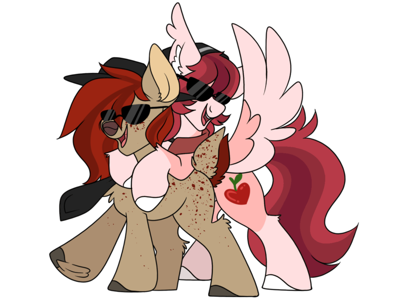 Size: 1300x1000 | Tagged: safe, artist:vashtwiist, derpibooru import, oc, oc:frieda, oc:nasty cherry, deer, pegasus, pony, derpibooru community collaboration, 2023 community collab, breaking bad, derpibooru exclusive, duo, freckles, hat, image, necktie, png, shirtless shirt collar, simple background, sunglasses, transparent background