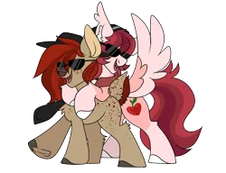 Size: 1300x1000 | Tagged: safe, artist:vashtwiist, derpibooru import, oc, oc:frieda, oc:nasty cherry, deer, pegasus, pony, derpibooru community collaboration, 2023 community collab, breaking bad, derpibooru exclusive, duo, freckles, hat, image, necktie, png, shirtless shirt collar, simple background, sunglasses, transparent background