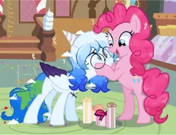 Size: 2631x2021 | Tagged: safe, artist:be_yourself, derpibooru import, pinkie pie, oc, oc:altersmay earth, earth pony, pegasus, pony, bipedal, birthday, birthday gift, birthday party, cloud, colored wings, duo, duo female, female, glasses, happy, hat, heterochromia, image, jewelry, looking at each other, looking at someone, mare, necklace, older altersmay earth, open mouth, party, party hat, pegasus oc, planet ponies, png, present, sugarcube corner, watermark, wings