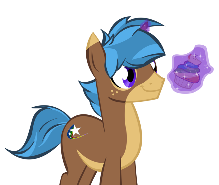 Size: 2556x2160 | Tagged: source needed, safe, derpibooru import, oc, pony, unicorn, cupcake, food, image, magic, male, markings, png, solo, stallion