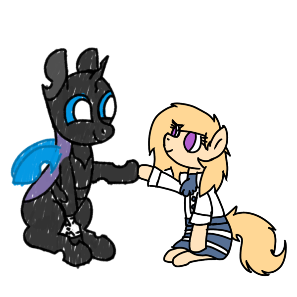 Size: 1000x1000 | Tagged: safe, artist:symphonydawn3, artist:theunidentifiedchangeling, derpibooru import, oc, changeling, earth pony, pony, derpibooru community collaboration, 2023 community collab, armband, changeling oc, duo, earth pony oc, female, horn, image, male, png, wings