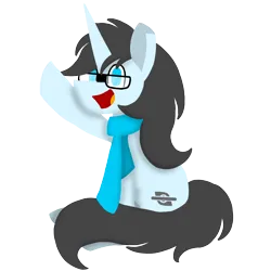 Size: 1920x1920 | Tagged: safe, artist:itzf1ker1, derpibooru import, oc, unnamed oc, unofficial characters only, pony, unicorn, derpibooru community collaboration, 2023 community collab, clothes, glasses, hoof in air, horn, image, male, open mouth, open smile, png, scarf, simple background, sitting, smiling, solo, stallion, transparent background, unicorn oc