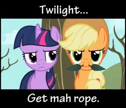Size: 1280x1100 | Tagged: safe, derpibooru import, screencap, applejack, twilight sparkle, earth pony, pony, unicorn, secret of my excess, angry, caption, cowboy hat, duo, facial hair, female, hat, image, image macro, leaf, looking at you, mare, moustache, png, text, unicorn twilight