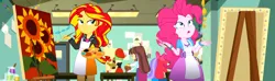 Size: 3672x1080 | Tagged: safe, composite screencap, derpibooru import, edit, edited screencap, screencap, apple bloom, aqua blossom, pinkie pie, sunset shimmer, velvet sky, watermelody, wiz kid, eqg summertime shorts, equestria girls, the art of friendship, apron, beret, boots, bowtie, bust, clothes, craft, easel, flower, hat, image, jacket, leather, leather jacket, paint, paintbrush, painting, png, sculpture, shoes, skirt, sunflower, sunset's painting
