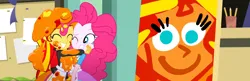 Size: 3338x1080 | Tagged: safe, composite screencap, derpibooru import, edit, edited screencap, screencap, pinkie pie, sunset shimmer, eqg summertime shorts, equestria girls, the art of friendship, apron, clothes, hug, image, jacket, leather, leather jacket, paint, painting, pinkie's portrait, png, skirt, smiling