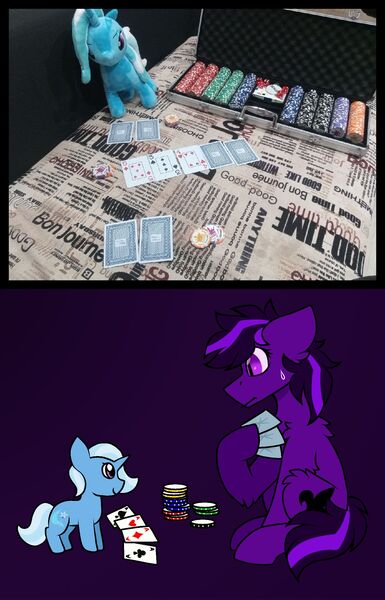 Size: 1400x2180 | Tagged: safe, artist:kiodima, artist:pegacousin, derpibooru import, trixie, oc, oc:kioshka, earth pony, pony, image, jpeg, photo, playing card, plushie, poker, poker chips, solo, worried